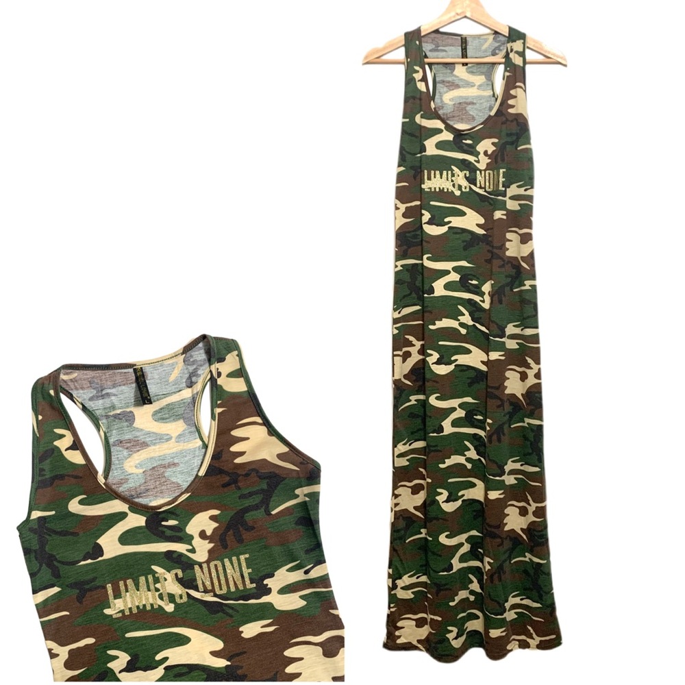 Camo Maxi Dress Racer Back “Limits None” Size Medium NWOT